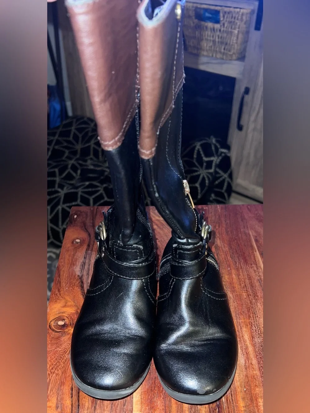 Nine West Girls Juno Tall Riding Boots Black Brown Gold Size 11